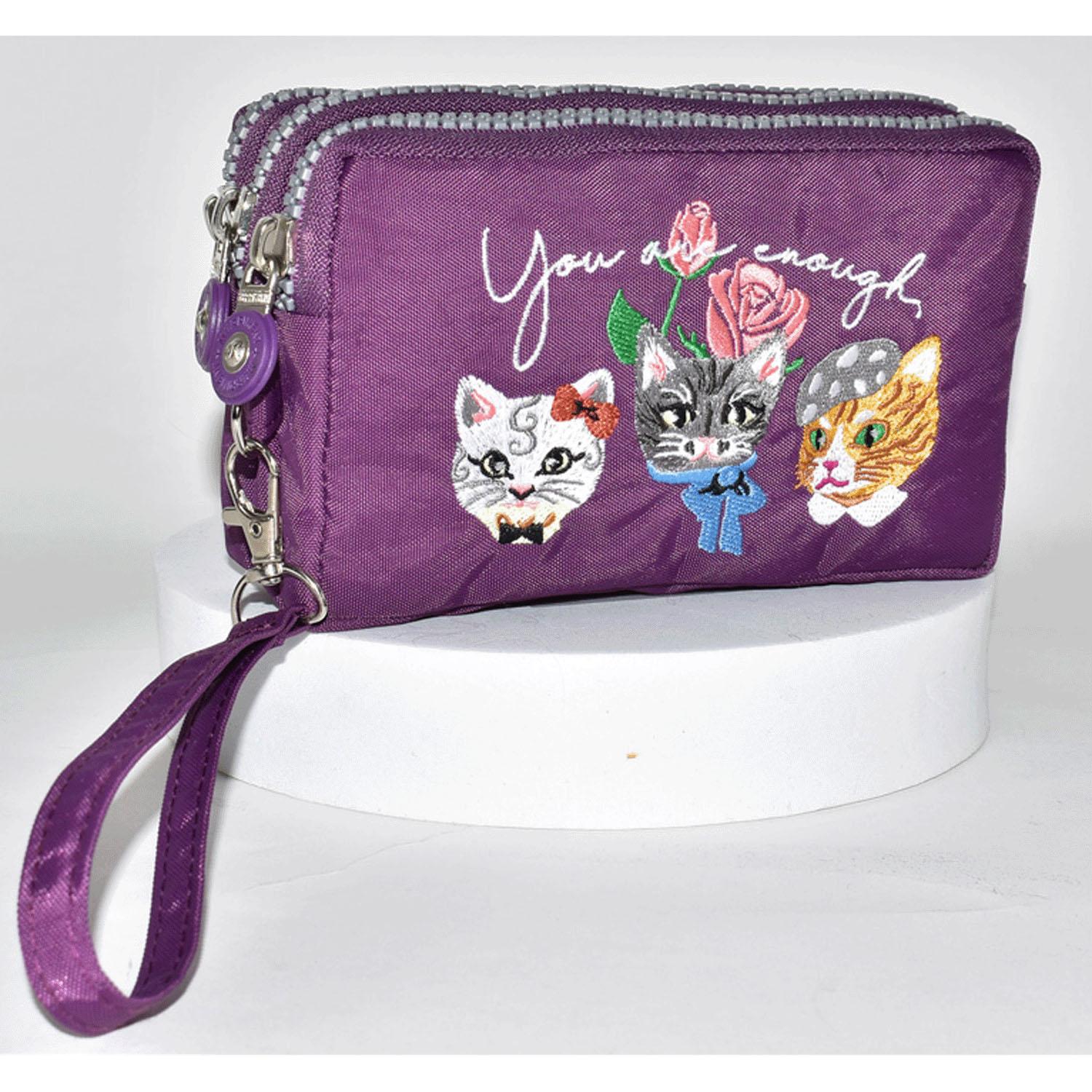 Cat Embroidered 3-Zipper Pouch - Purple
