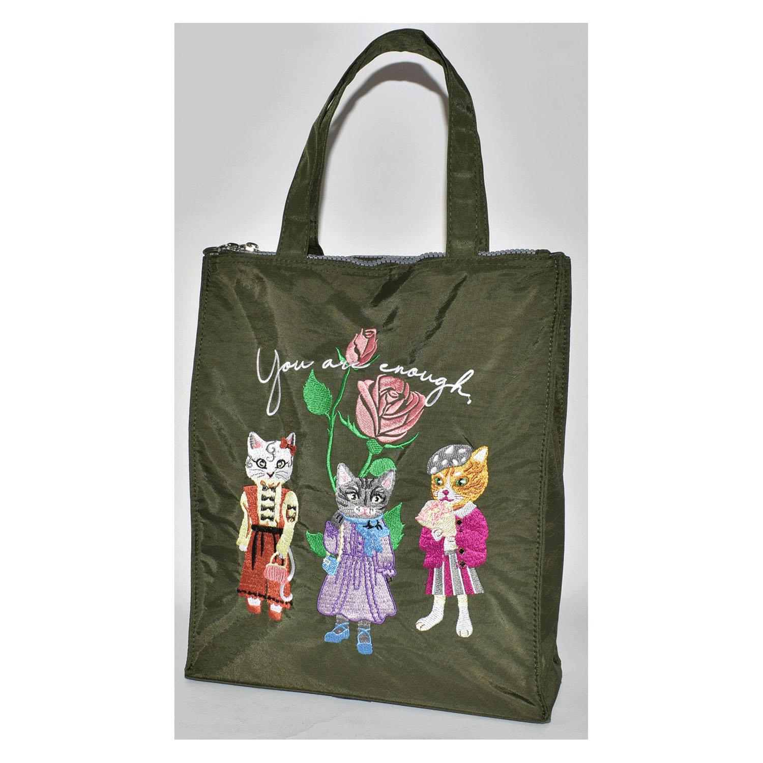 Cat Embroidery Vertical Bag, Green