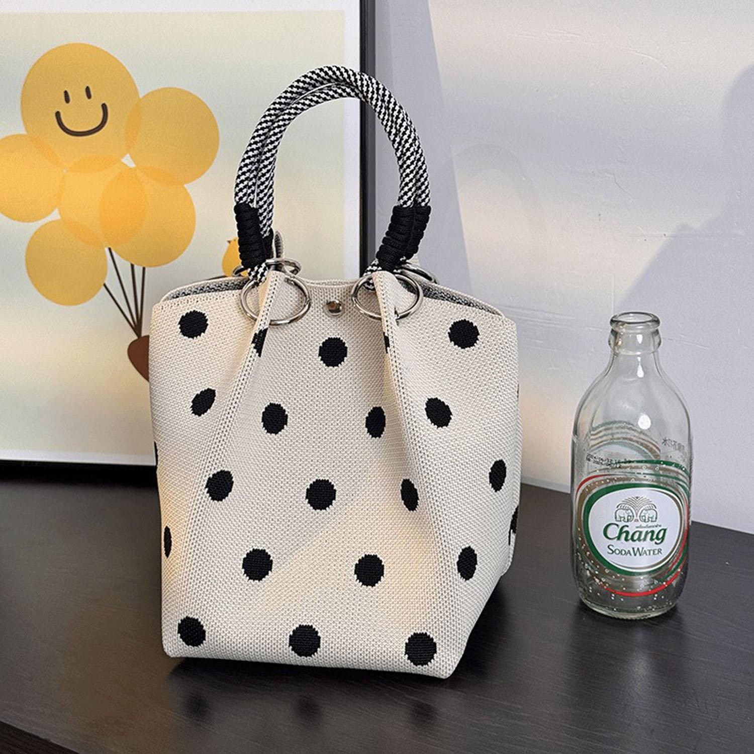 Patterned Rope Handle Knit Bag - Dot White