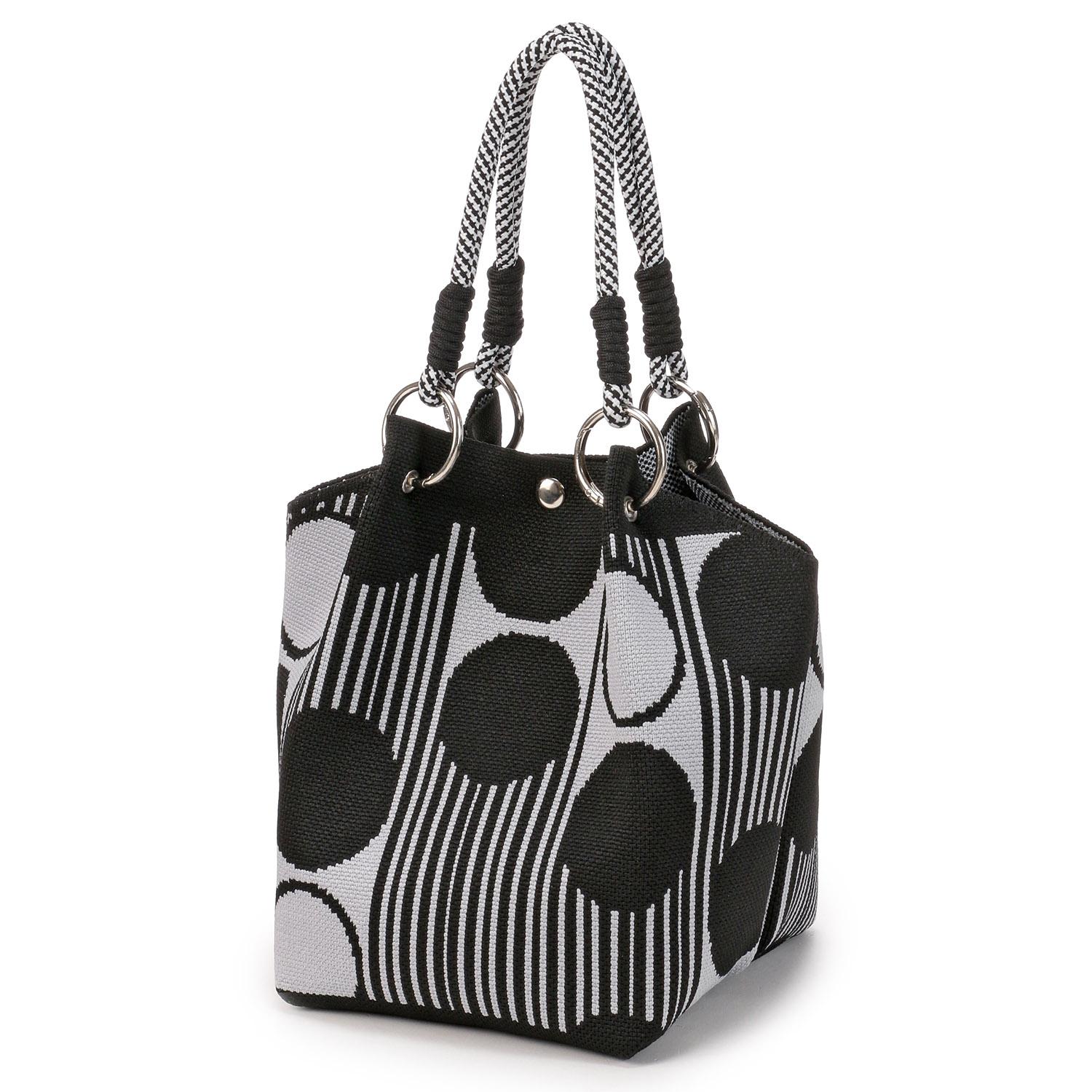 Patterned Rope Handle Knit Bag - Black Dot