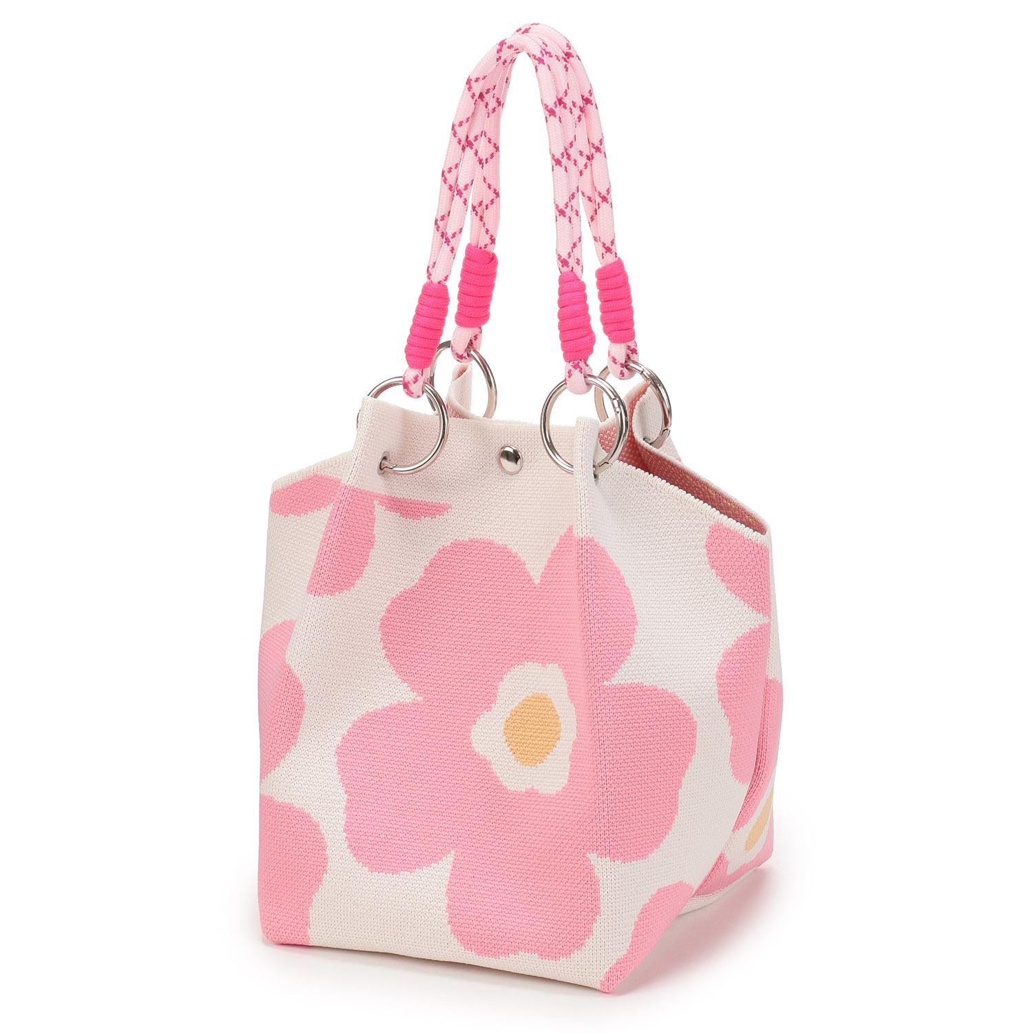 Patterned Rope Handle Knit Bag - Pink Nordic Floral Print