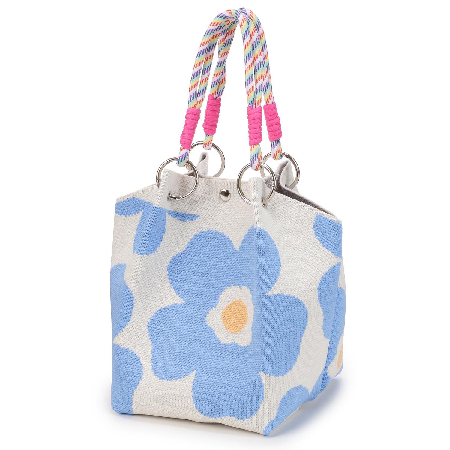 Patterned Rope Handle Knit Bag - Blue Nordic Floral Pattern
