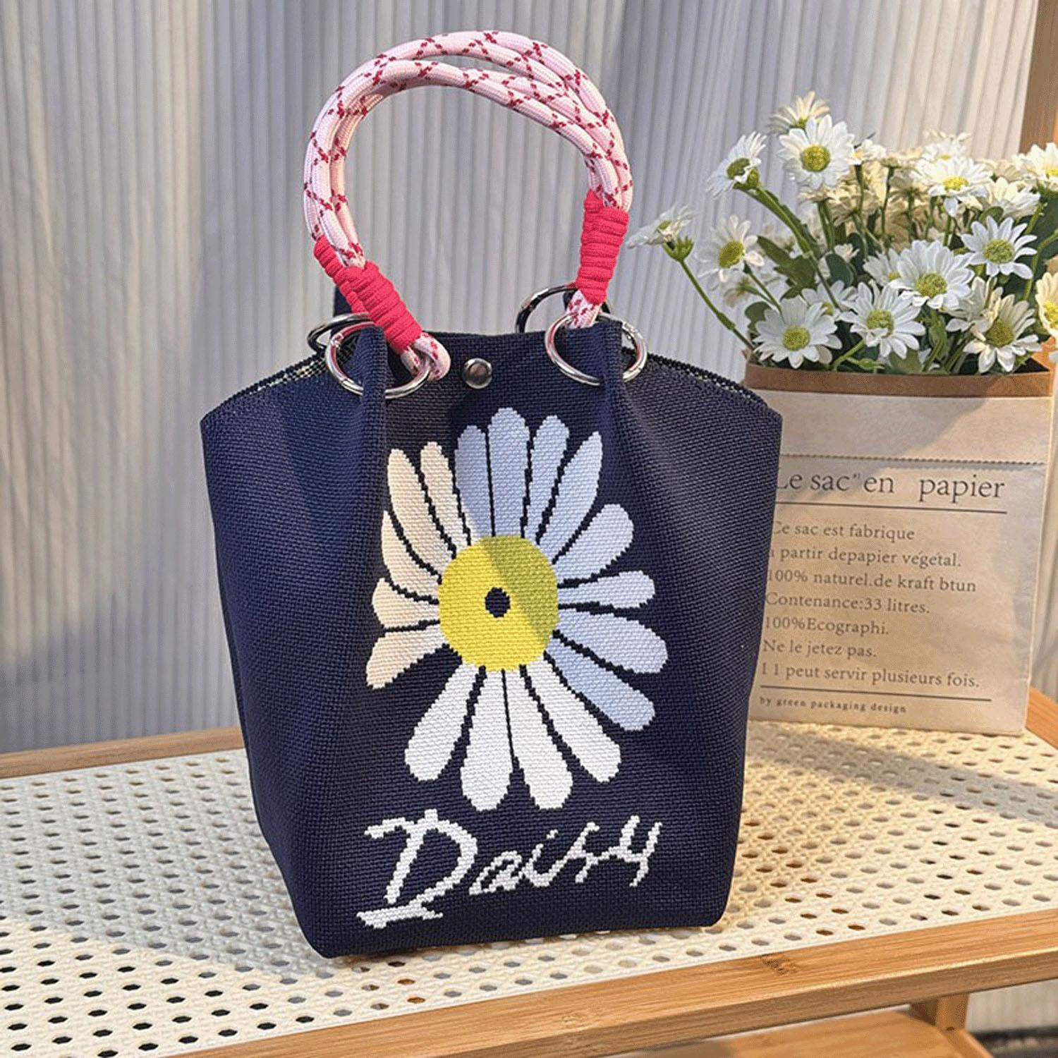 Patterned Rope Handle Knit Bag - Navy Daisy