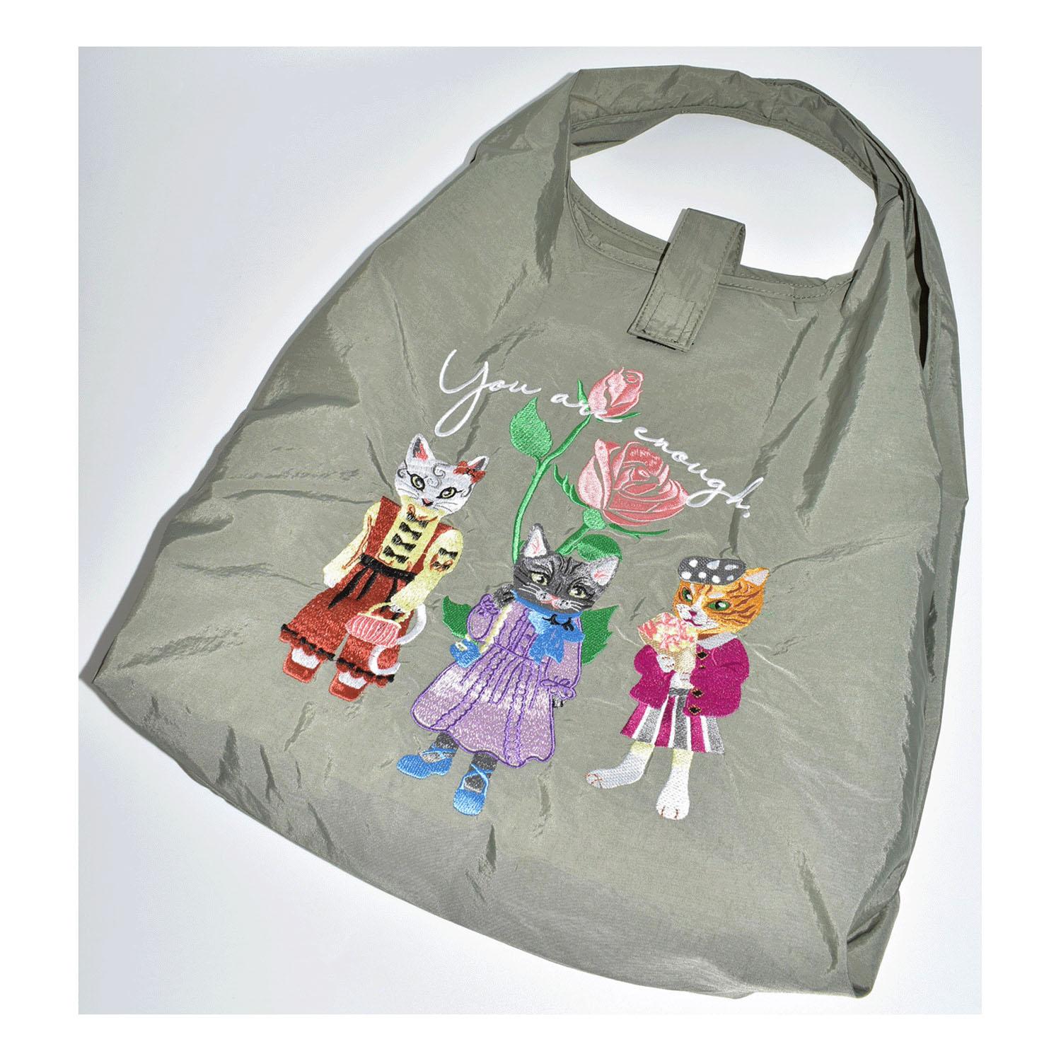 Cat Embroidered Compact Tote Bag - Gray