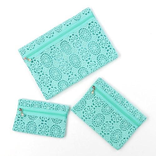 Mesh Flower Lace Pouch 3-Piece Set - Mint