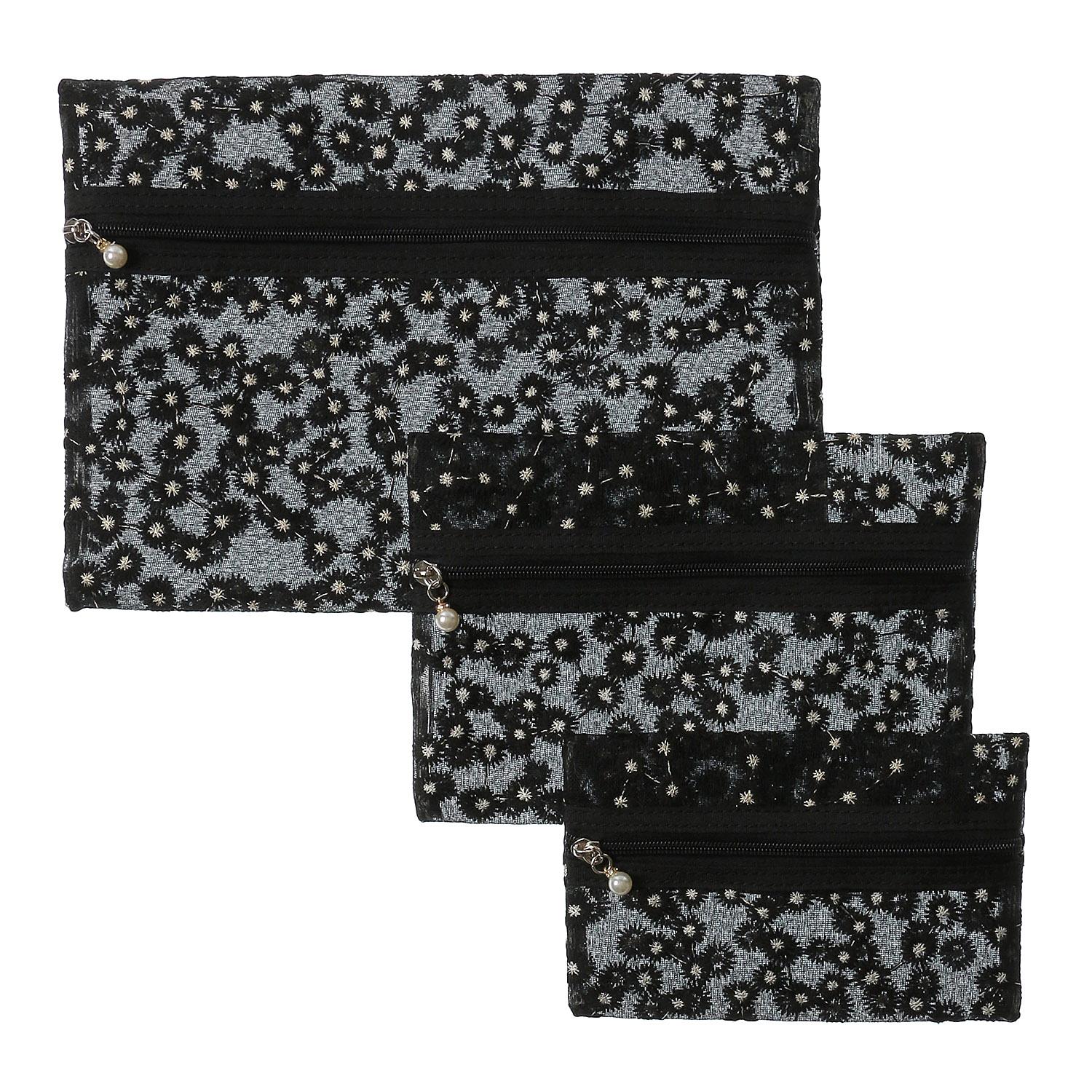 Mesh Floral Embroidery 3-Piece Pouch Set