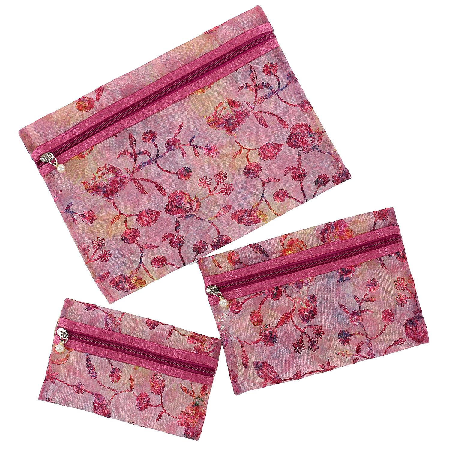 Mesh Flower Embroidered Pouch 3-Piece Set
