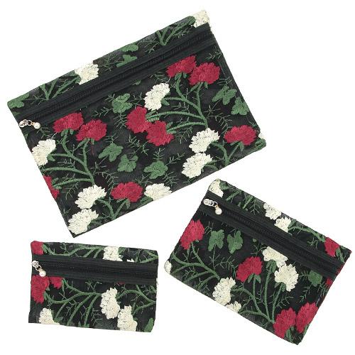 Mesh 3-Pocket Pouch with Rose Embroidery Pattern