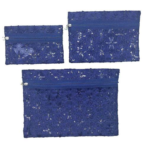 Mesh Sequined Flower Embroidery 3-Piece Pouch Set