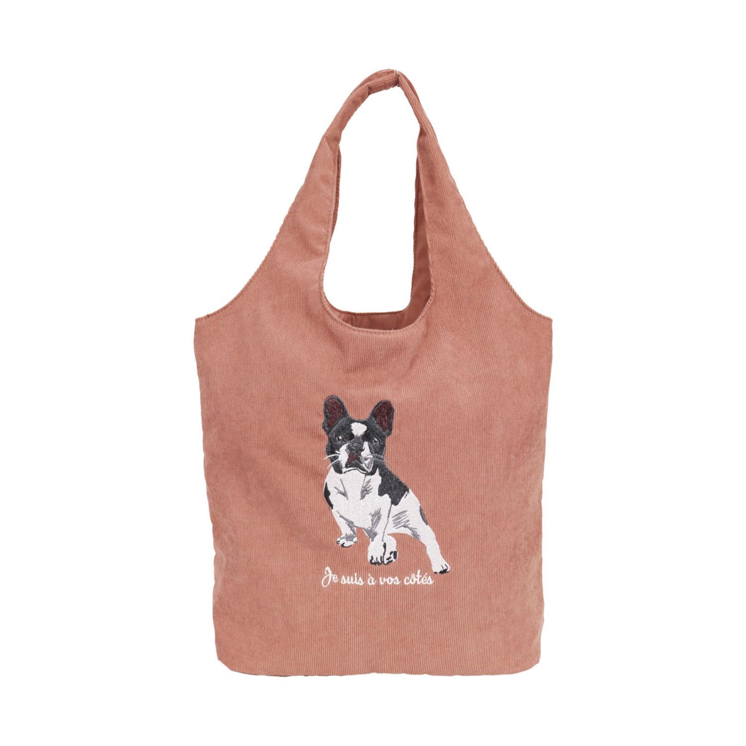 Corduroy Animal Embroidered Tote Bag - French Bulldog