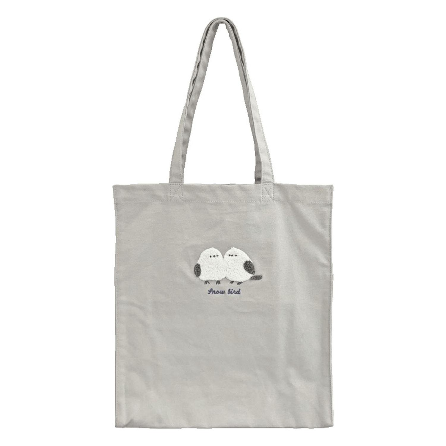 Animal Sagara Embroidered Tote Bag: Long-tailed Tit, Gray