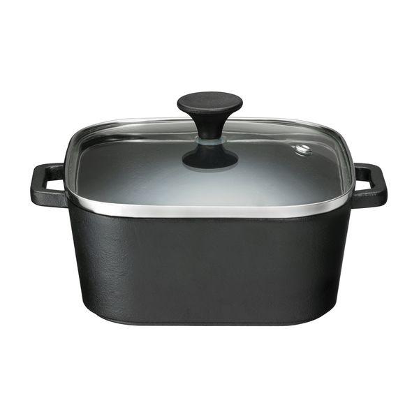 Ishigaki Industry Ishigaki Cast Iron Approx. Width 18.5 × Depth 14.5 × Height 9.5 cm Capacity approx. 980 ml IH Compatible Delish Life COLO Square Pot With Glass Lid Outdoor Single Serving 4235 Black