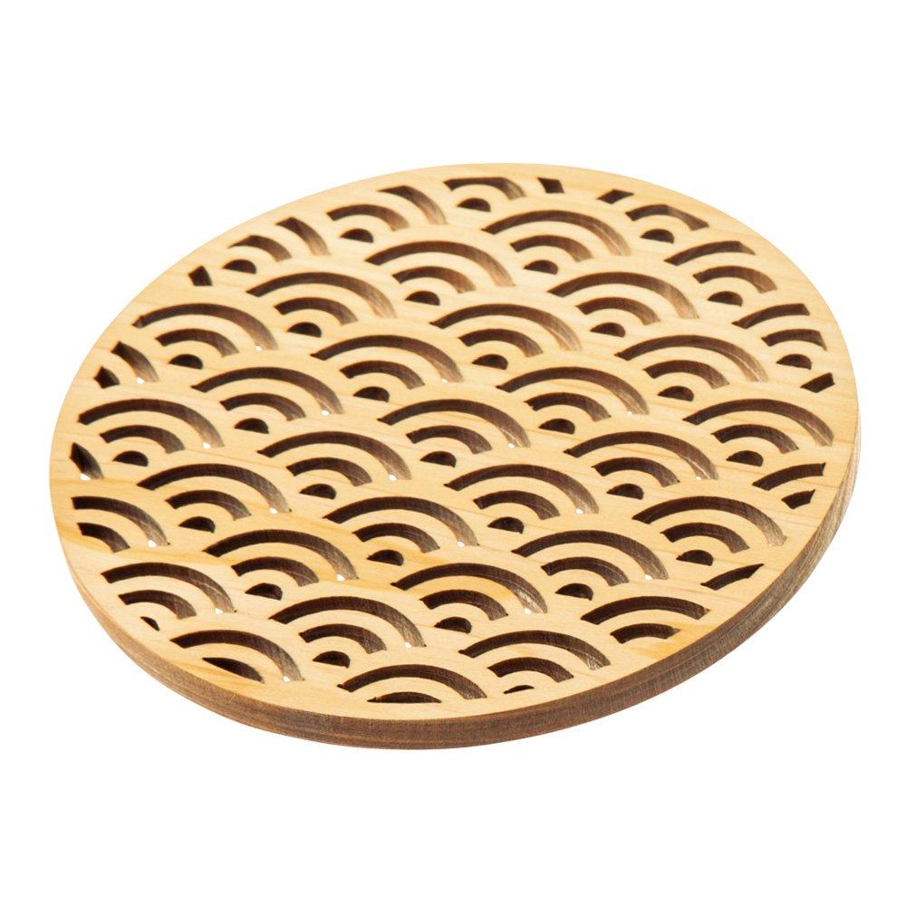 Yamaco Yumi Professional Use Hinoki Wooden Coaster, Unfinished, Blue Waves Design yamaco16250