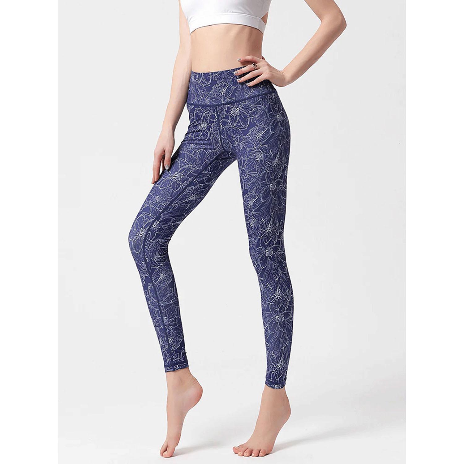 Yoga Leggings Floral Pattern Sports Tights Dark Blue M