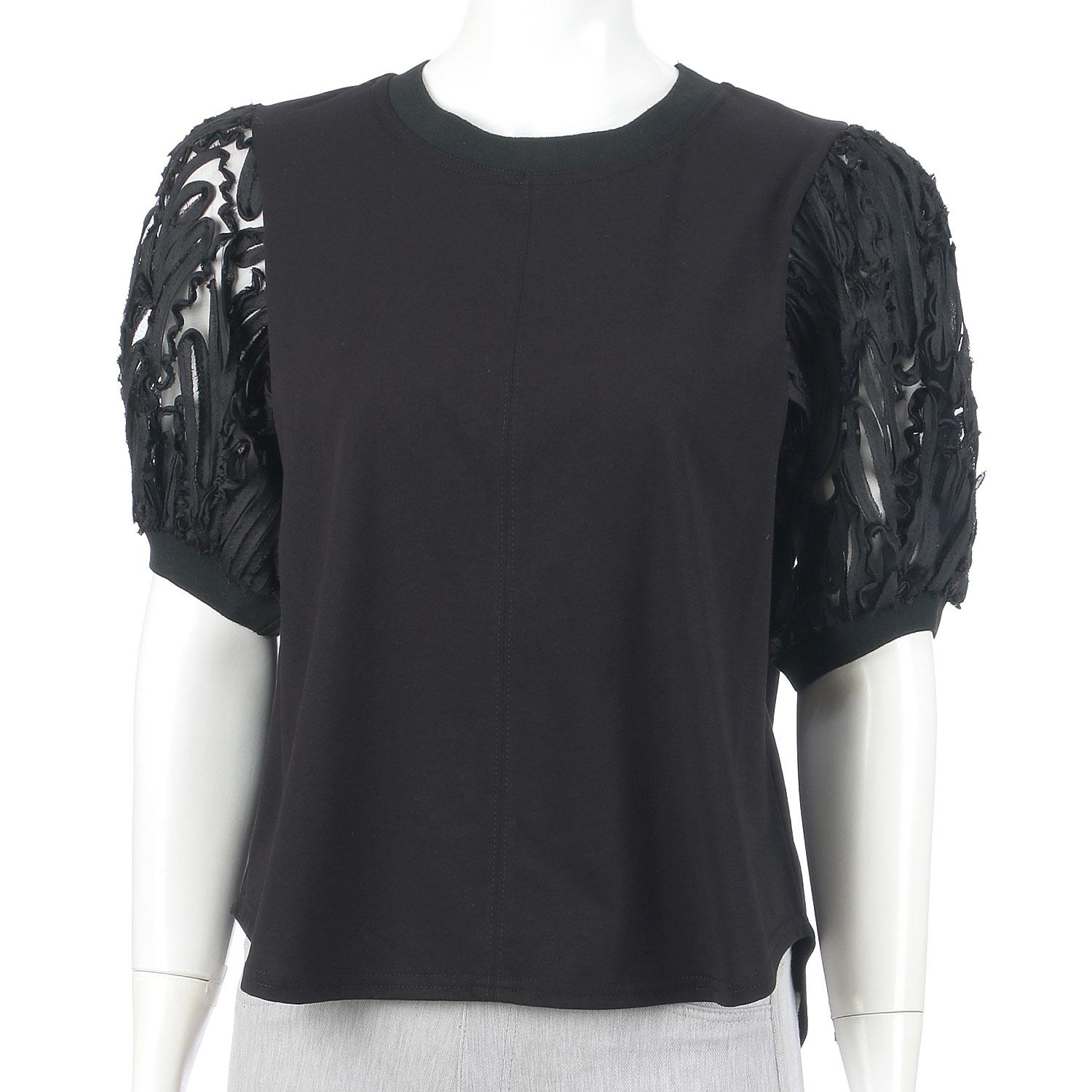 Corded Lace Accent Cut-Out Sweater Pullover - Black - M