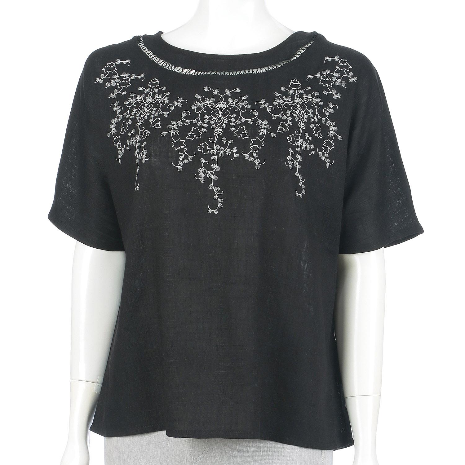 Hemp-Blend Ladder Lace Embroidered Pullover Black F (Free)