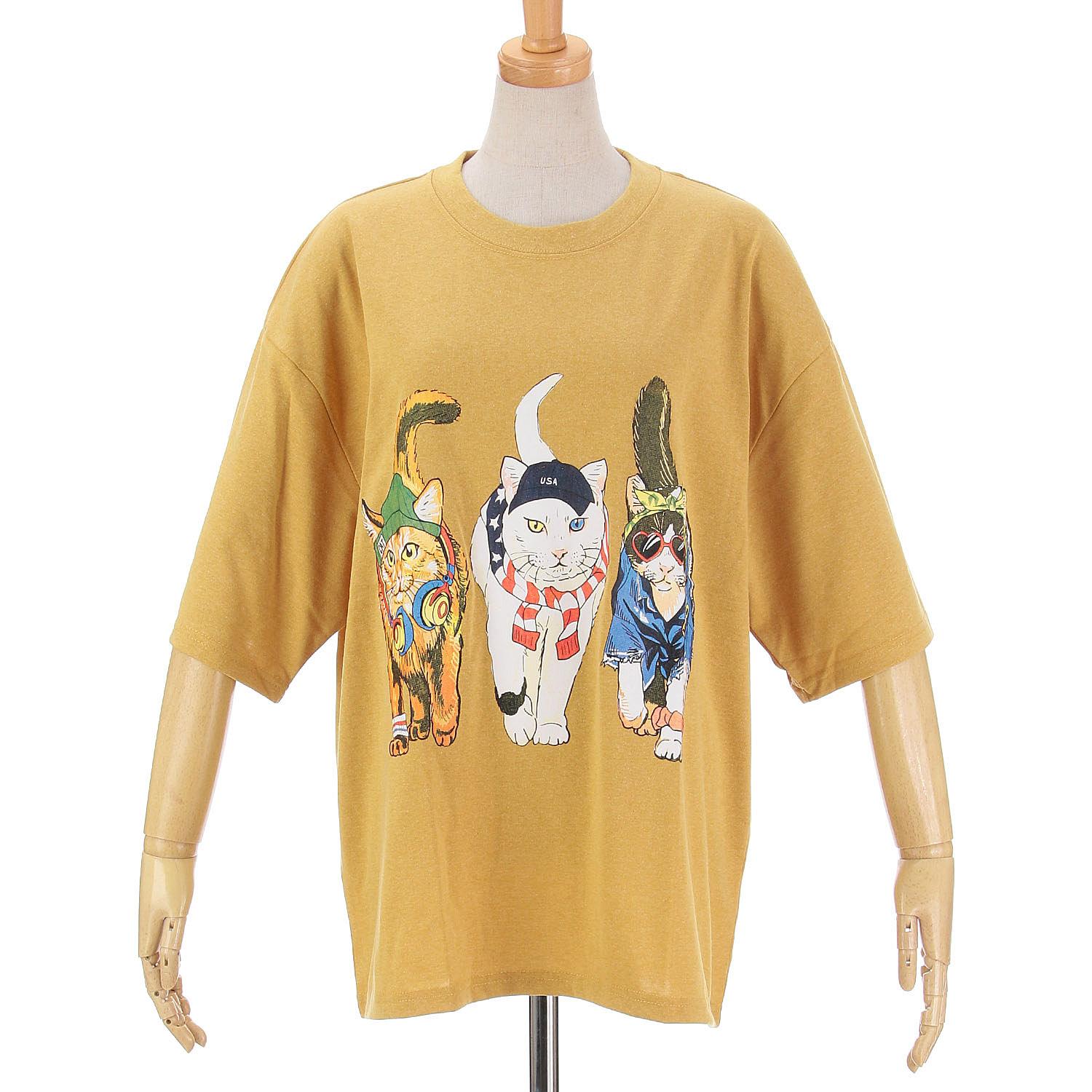 CORISCO Animal Village Front and Back Printed Cat T-Shirt - Yellow Cat - M