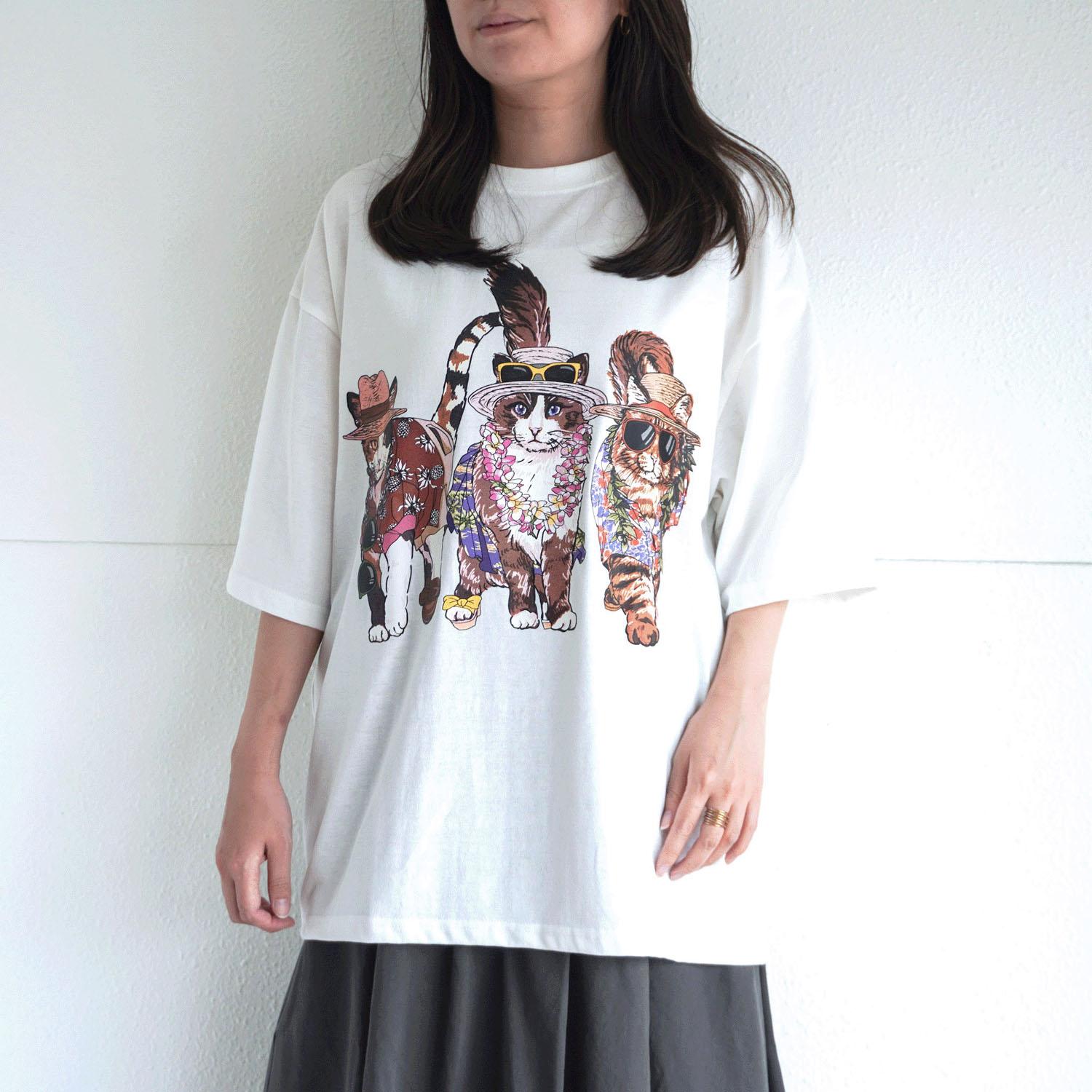 CORISCO Animal Village Front and Back Printed Cat T-Shirt Resort White LL (2L)