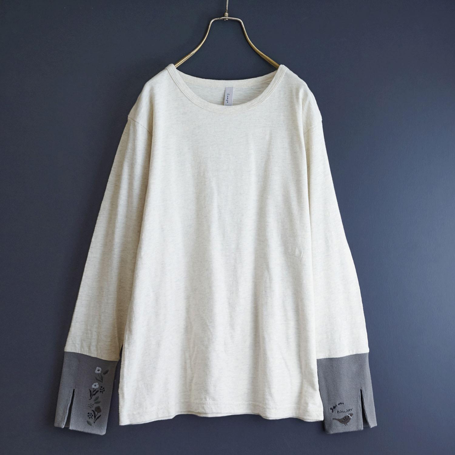 Emago Rib-Switched Embroidered Long Sleeve Top Ivory F (Free Size)