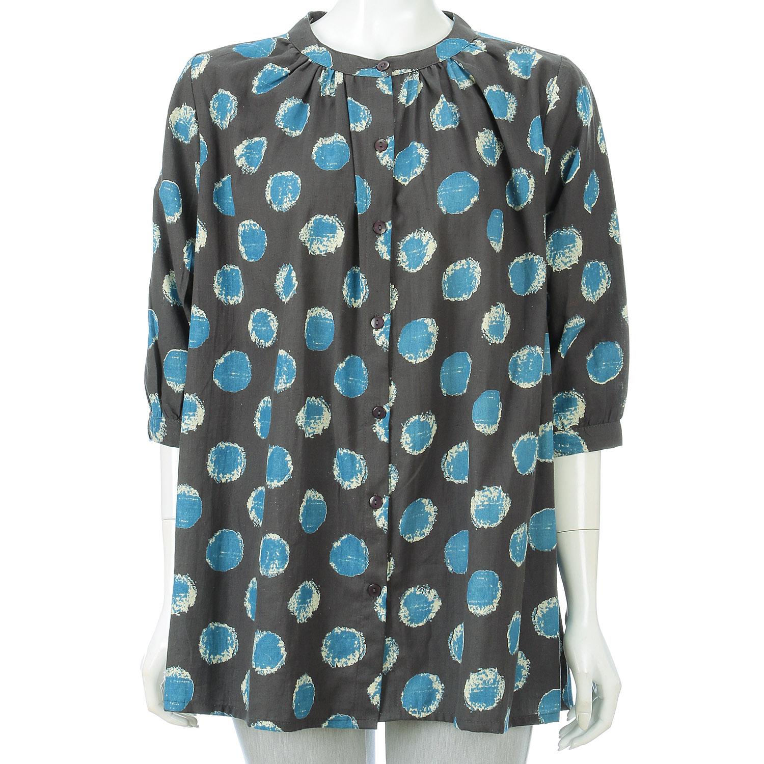 Cotton-Linen Dot Print Blouse Charcoal Gray × Blue M