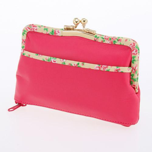 Small Floral Pattern Bottom Zipper Pouch Pink × Beige