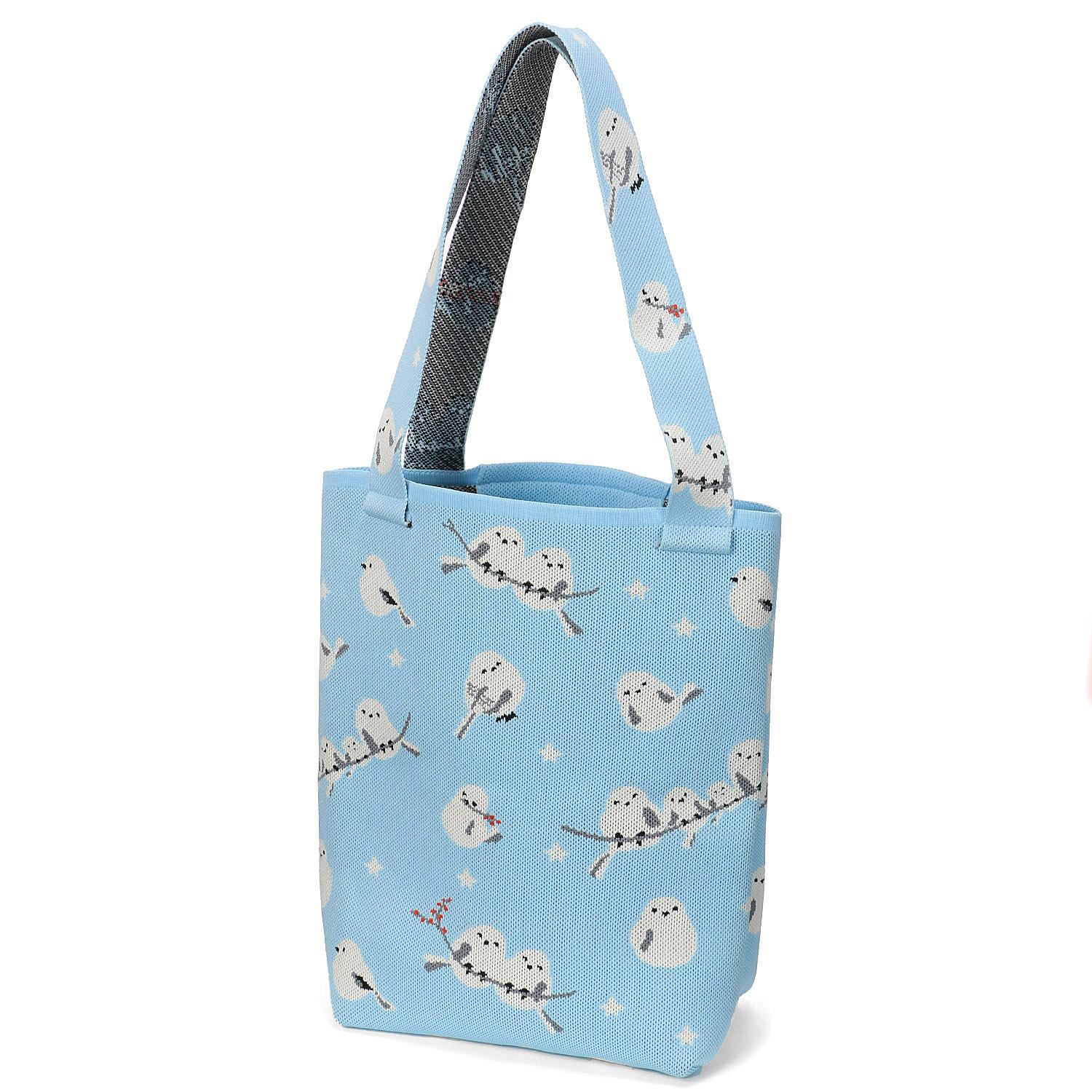 Long-tailed Tit Pattern Knit Tote Bag - Light Blue