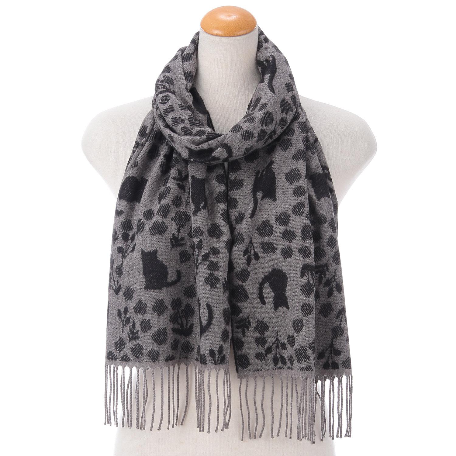 Made in Japan Soft Jacquard Scarf Floral Cat Pattern Gray