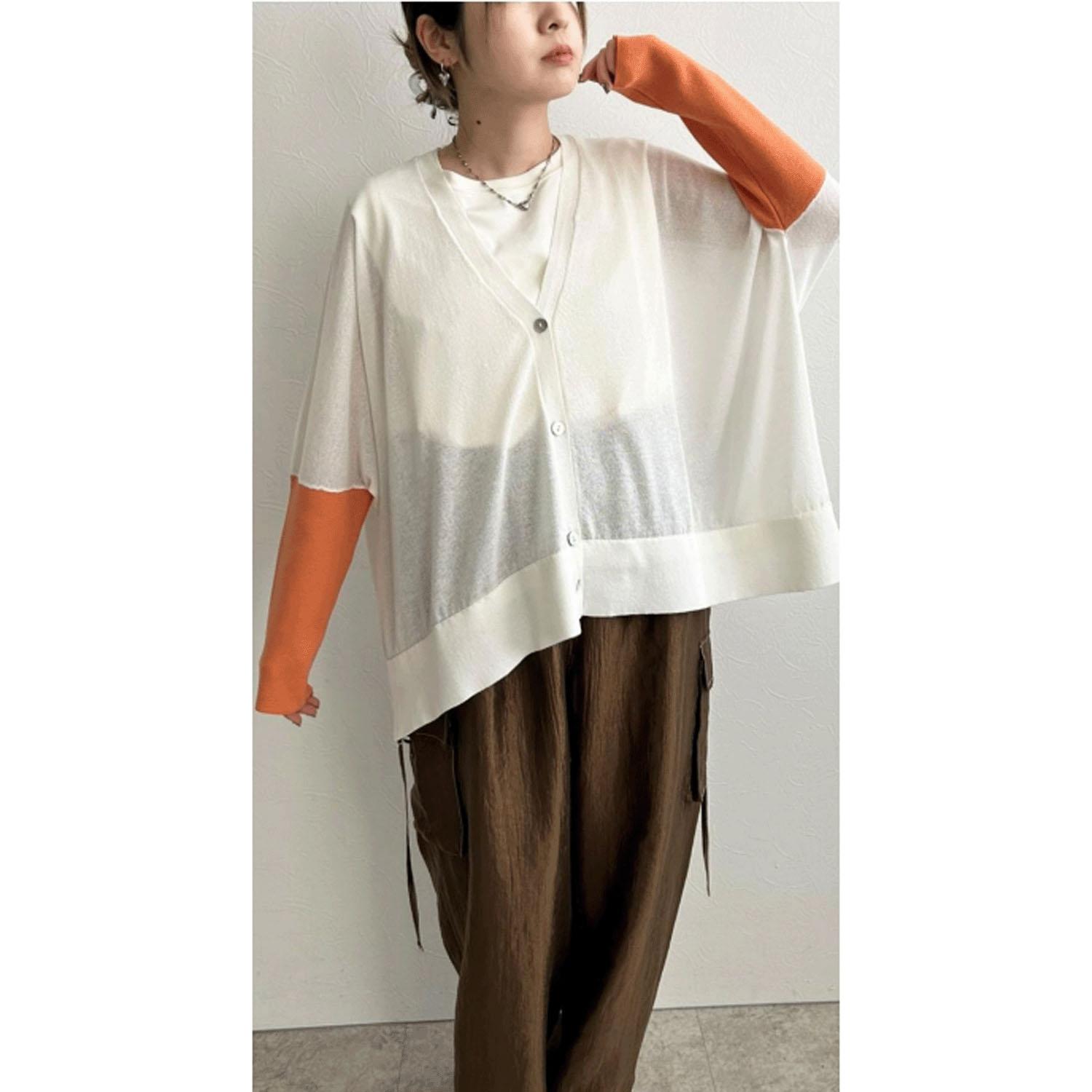 LHELBIE Poncho Sheer Cardigan Off-White × Orange M