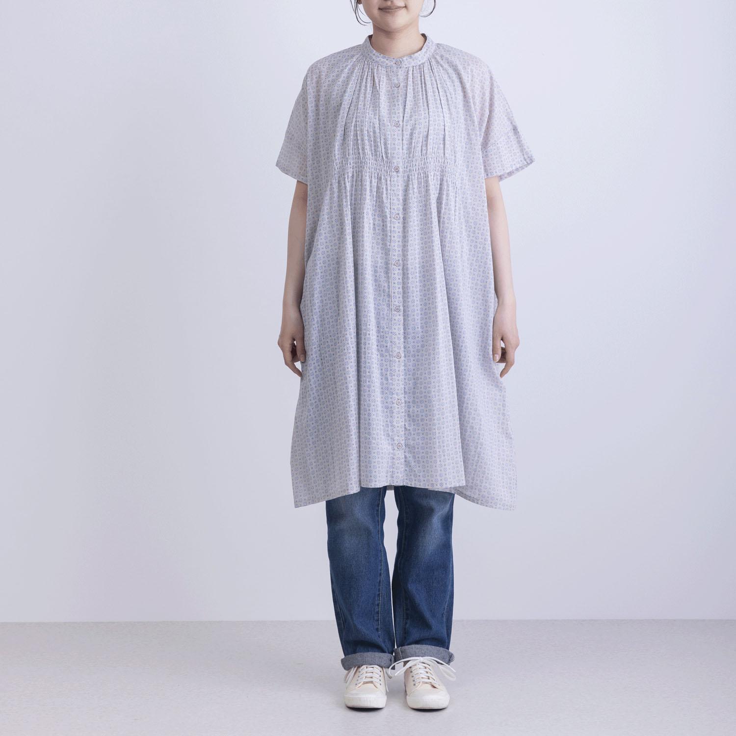 Front Shirring 5-Minute Sleeve Printed Dress