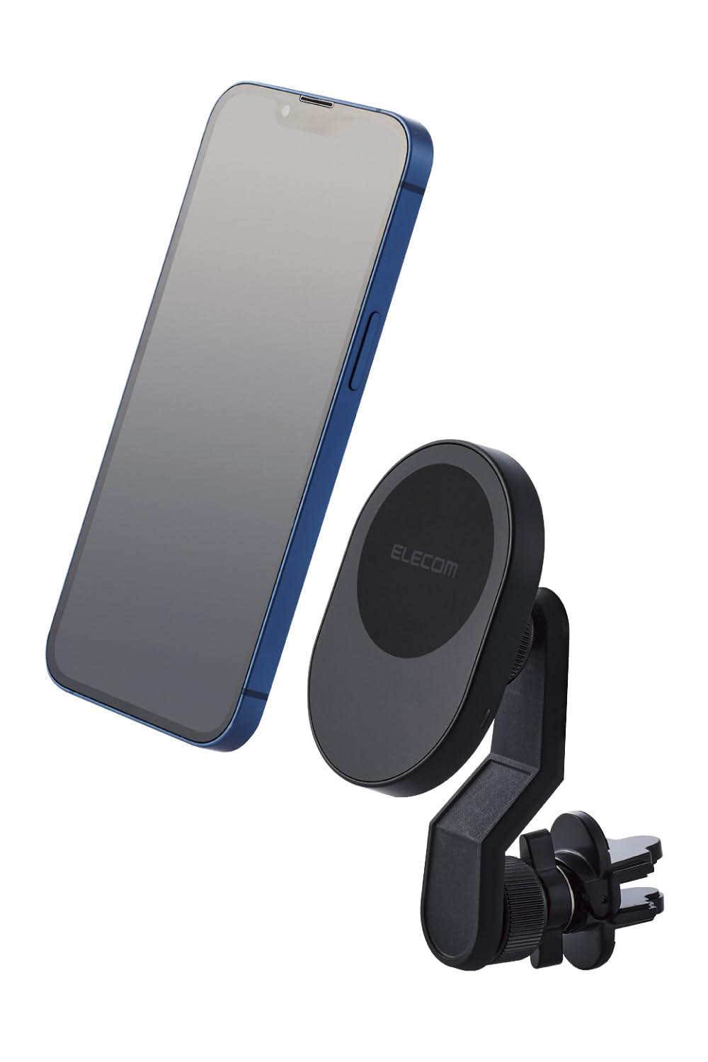 ELECOM Car Wireless Charger with Magnetic Adhesion 7.5W/5W Car Holder Smartphone Holder for Vehicles Air Vent Clip-On Type for Air Vent [Compatible with MagSafe iPhone 14/13/12] Black W-QC11BK