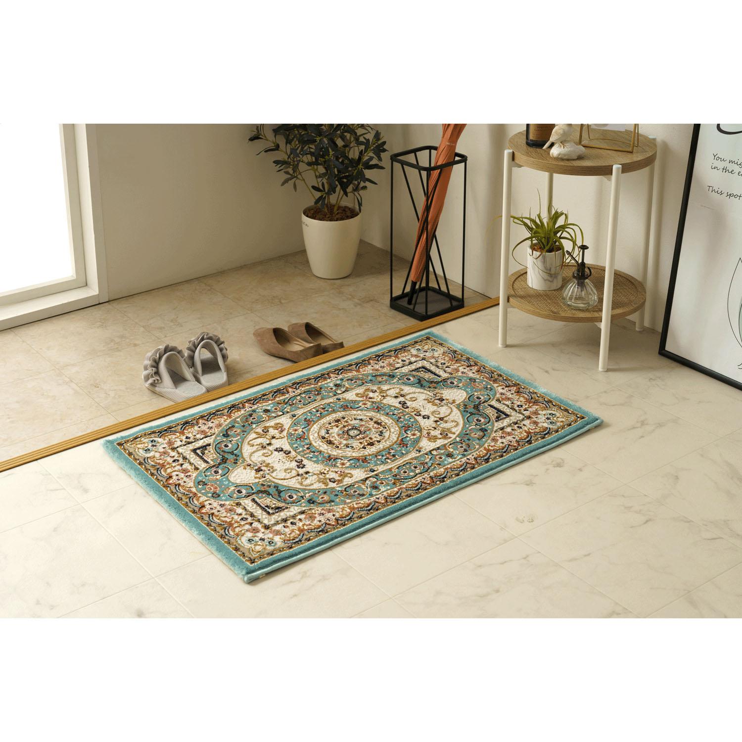 Ikehiko Mat Entrance Indoor Outdoor Imported Rosary Blue Approx. 50×80cm Rectangular Made in Turkey Wilton Weave Classic Elegance Textured Antibacterial Odor-Resistant Durable #1311660041701