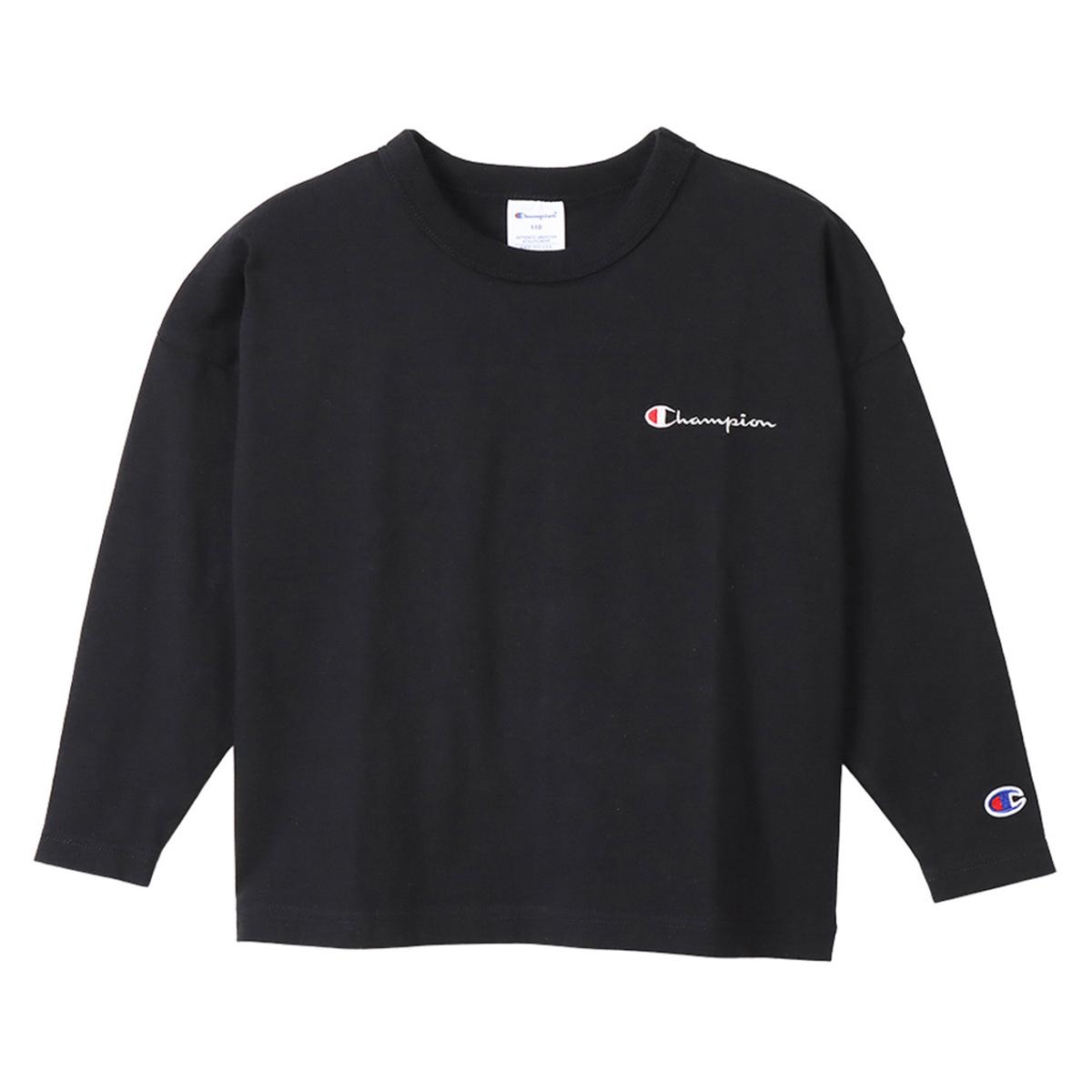 [Champion] Embroidered Long Sleeve T-Shirt Kids Long Sleeve Crew Neck 100% Cotton COTTON USA Loose Fit Script Logo Long Sleeve T-Shirt Basic CK-Y404 Black 130