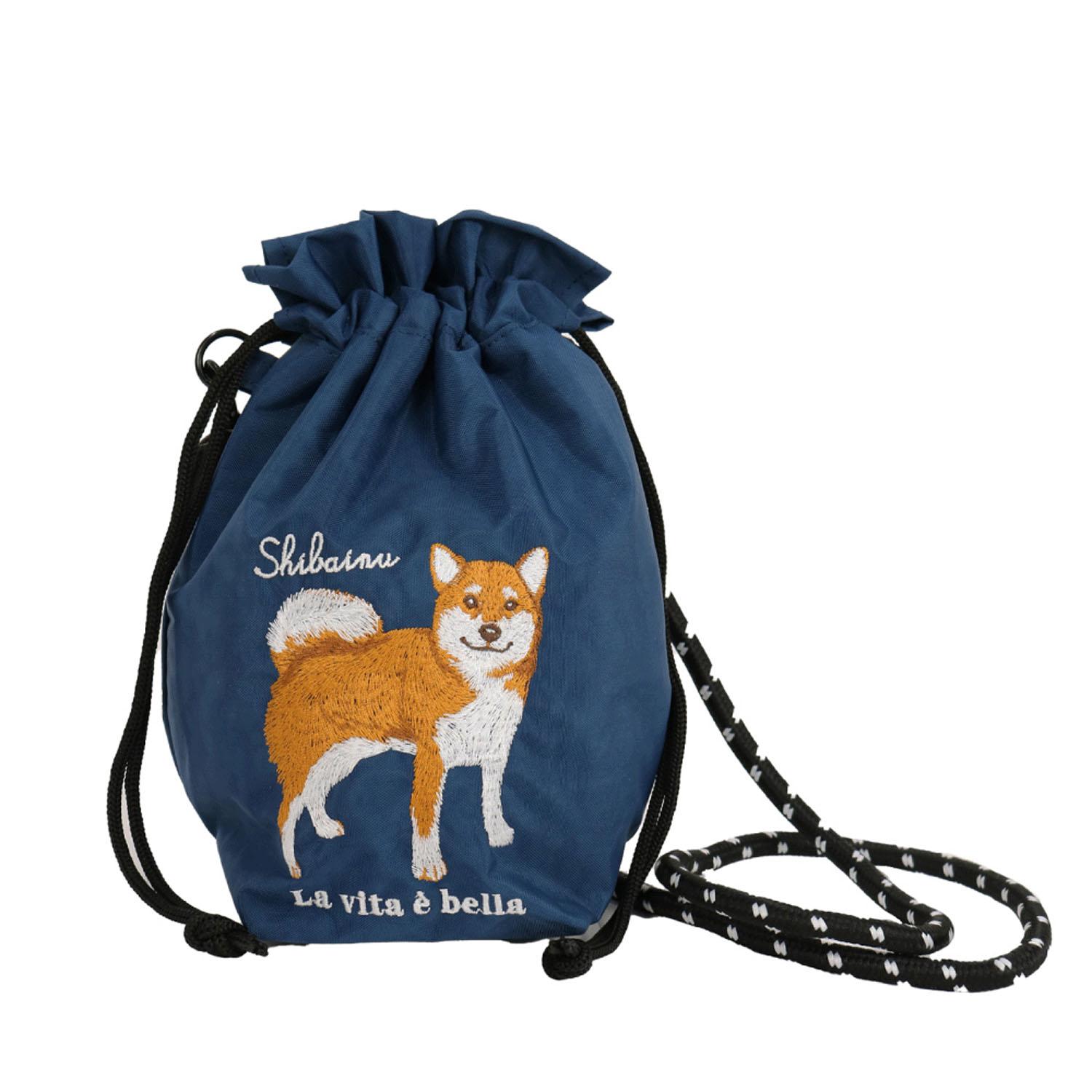 Animal Embroidered Drawstring Shoulder Bag: Shiba Inu