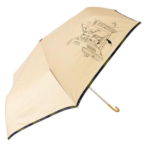 Sangoku 55cm Wind-Resistant Mini Umbrella Check Piping and Cat Design Beige MKN Original CAT Textile Lightweight Wind-Resistant Mini Rain Umbrella with Strong Wind Design S2114815