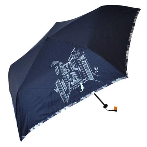 Sangoku 50cm Ultra-Slim Folding Umbrella with Check Piping and Cat (Tote Bag) Navy MKN Original CAT Textile Exceptional Portability S3114804