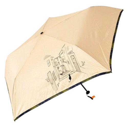 Sangoku 50cm Ultra-Slim Folding Umbrella with Check Piping and Cat (Tote Bag) Beige MKN Original CAT Textile Exceptional Portability S3114815