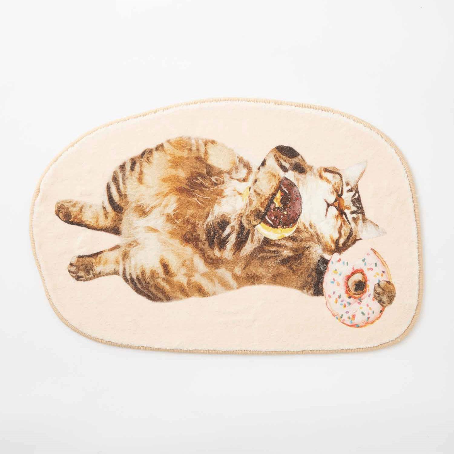 Die-cut mat: Cat shape holding a donut