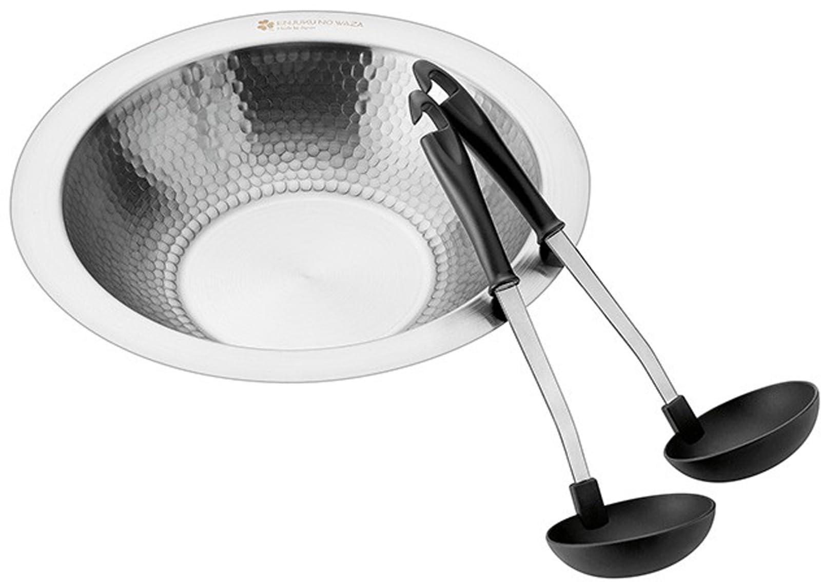 Yokoyama Tsubame Juku Technique 26cm Skillet with Ladle & Slotted Ladle A skillet with hammered sides combining strength and beauty, adding luxury to your table YS-600