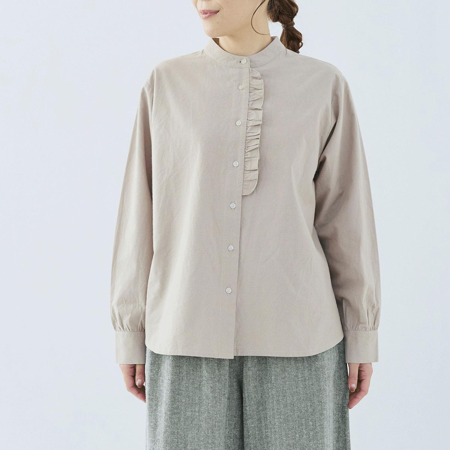 cloudnine Nonno Cotton-Linen Blend Plain/Check Pattern Stand Collar Front Placket Frill Blouse Beige F (Free Size)
