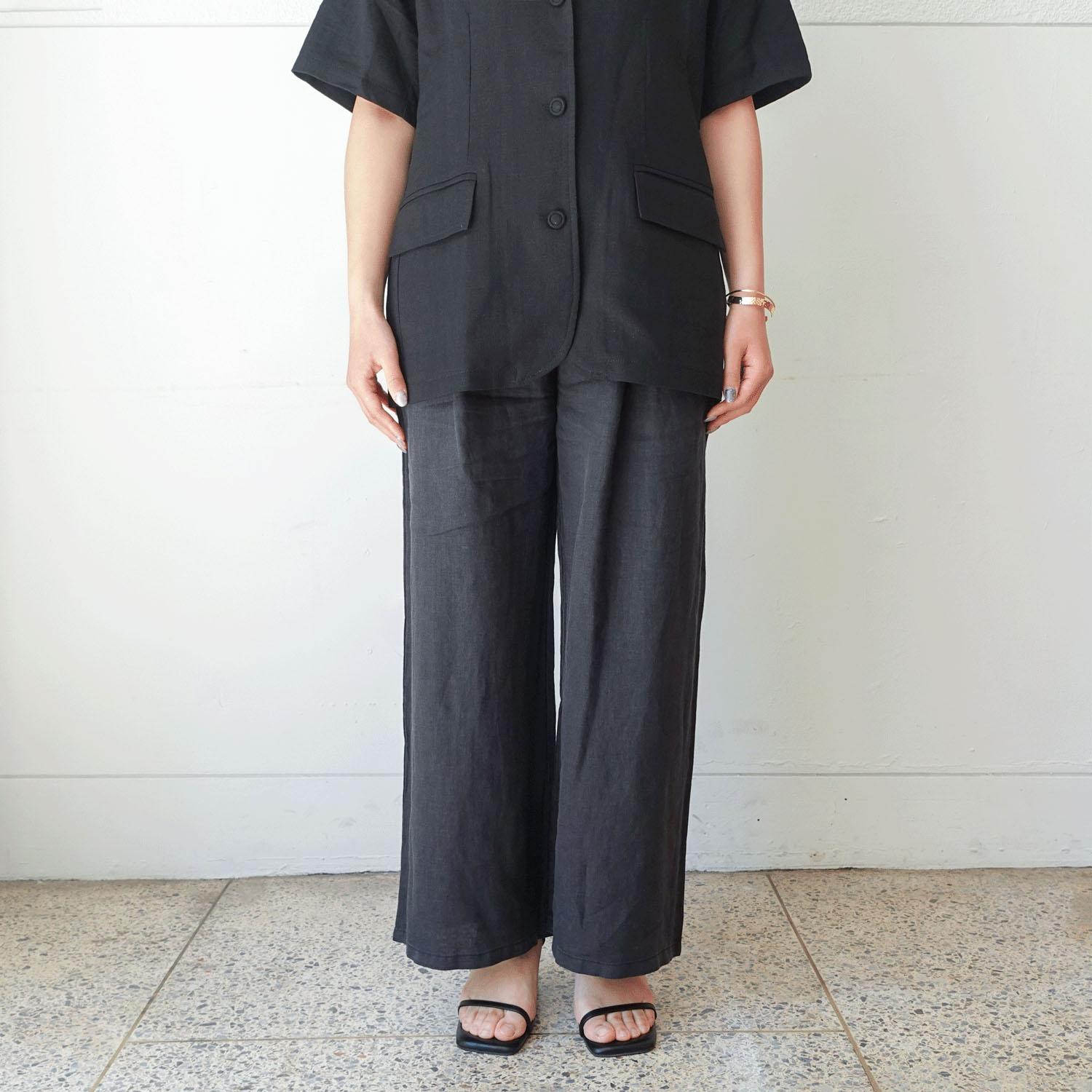 French Linen Wide-Leg Pants 65cm Inseam Black LL (2L)