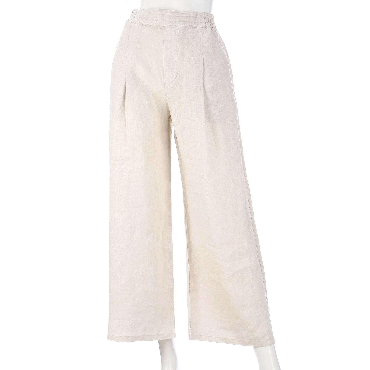 French Linen Wide-Leg Pants 65cm Length Stone L