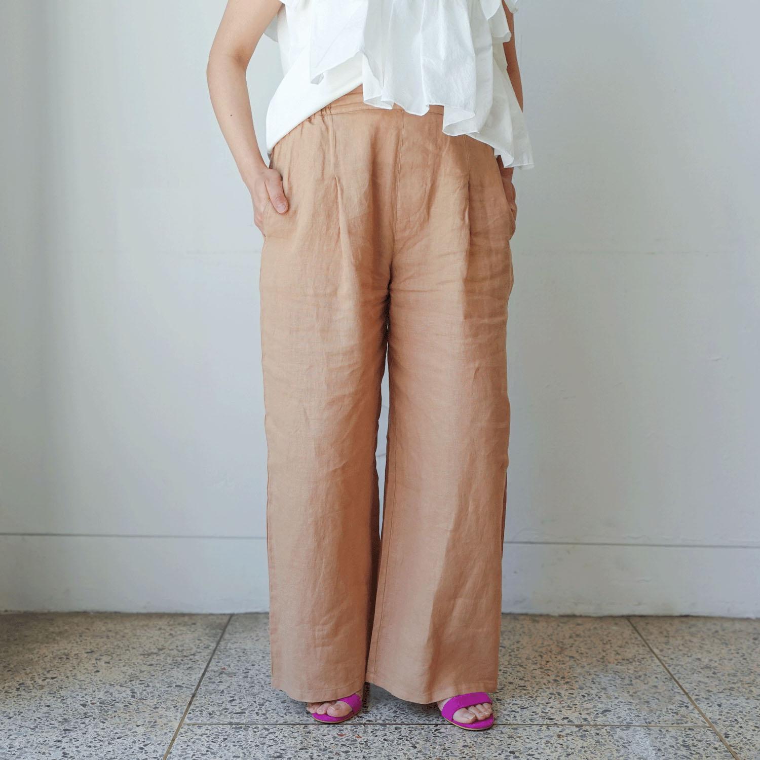 French Linen Wide-Leg Pants 65cm Length Oak L