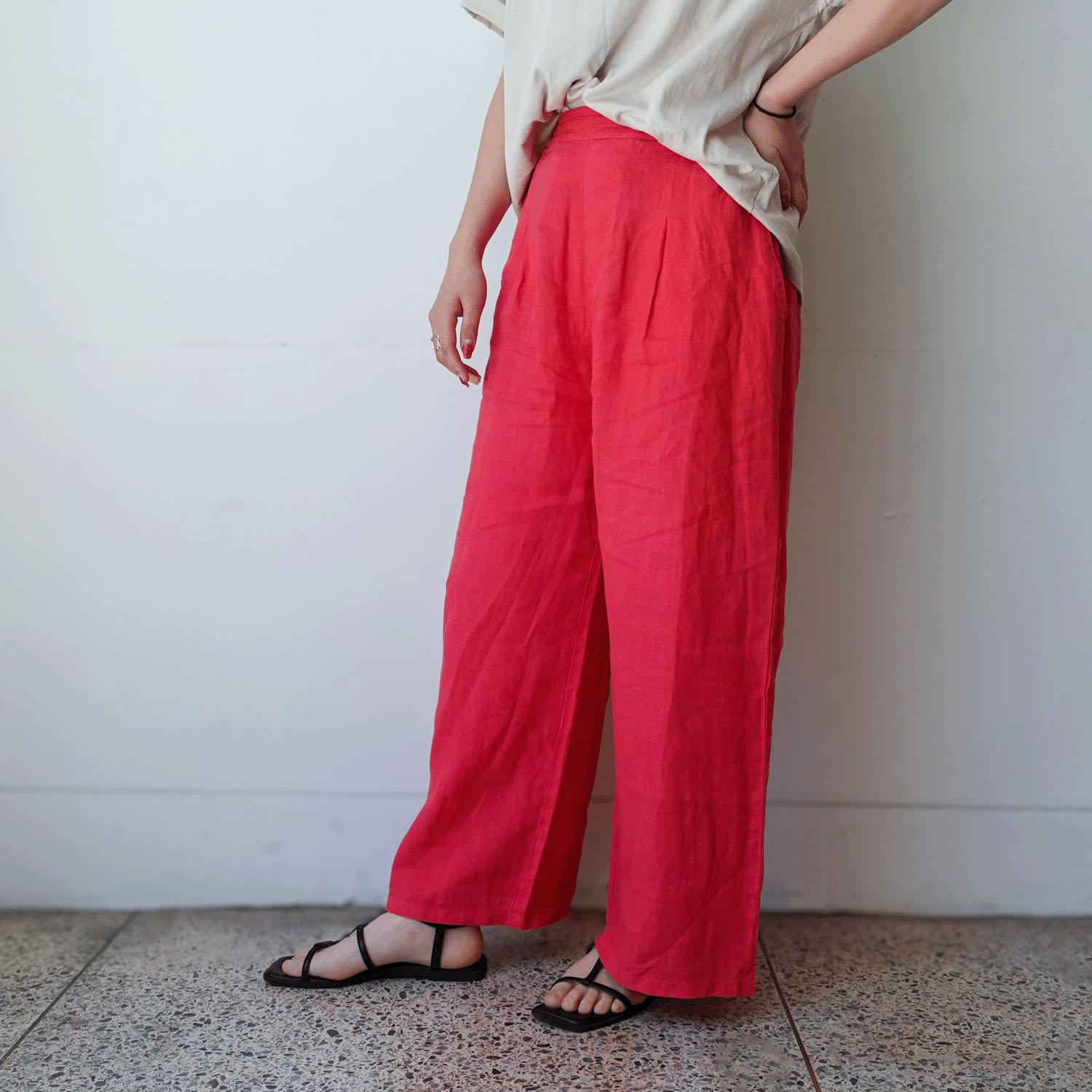 French Linen Wide-Leg Pants 65cm Length Brick L