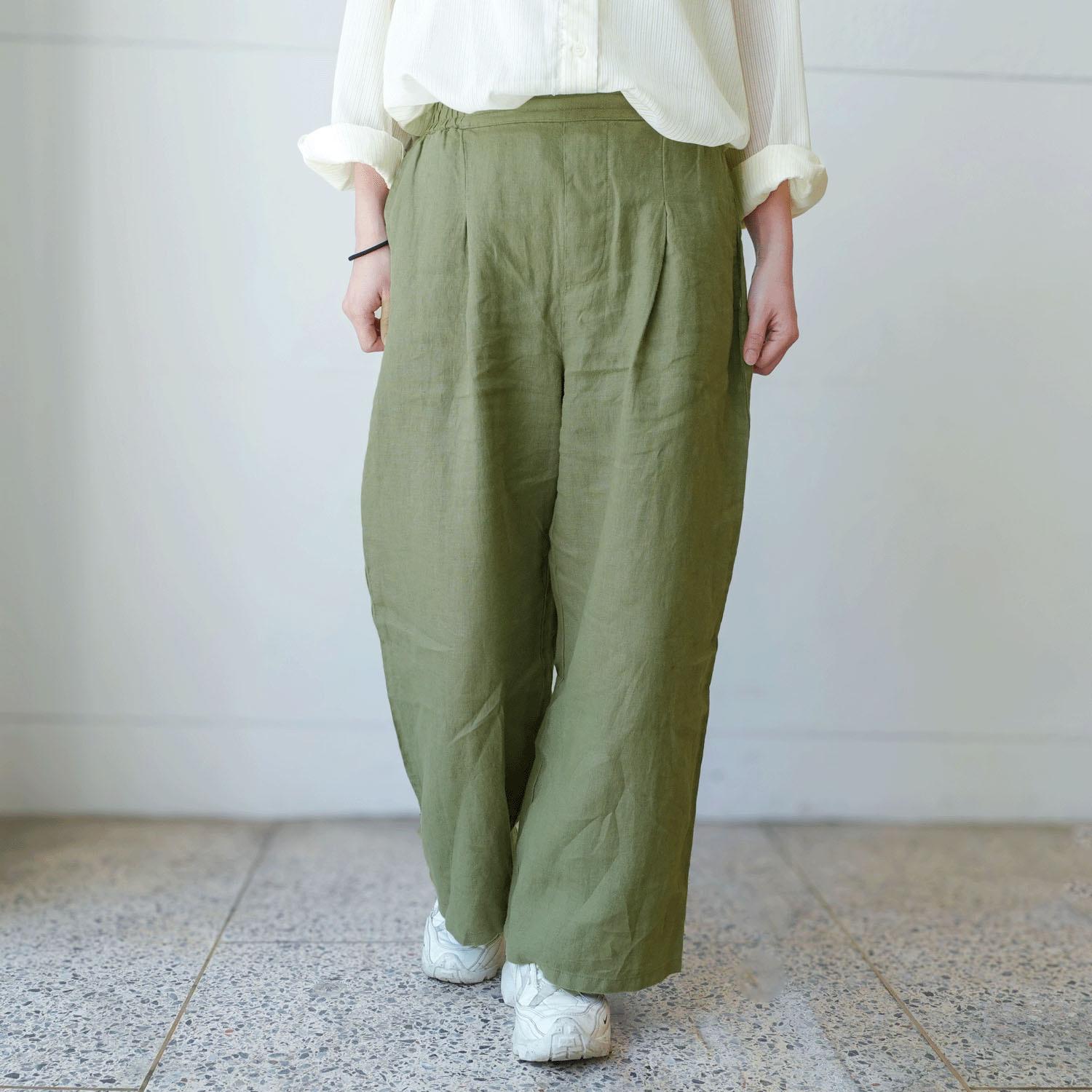 French Linen Wide-Leg Pants 65cm Inseam Khaki LL (2L)