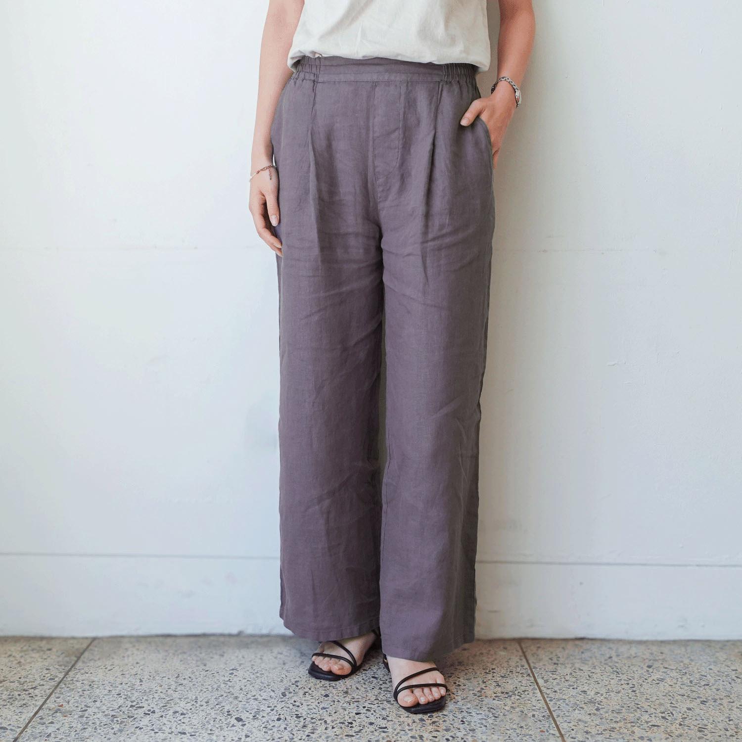 French Linen Wide-Leg Pants 73cm Inseam Steel Gray M