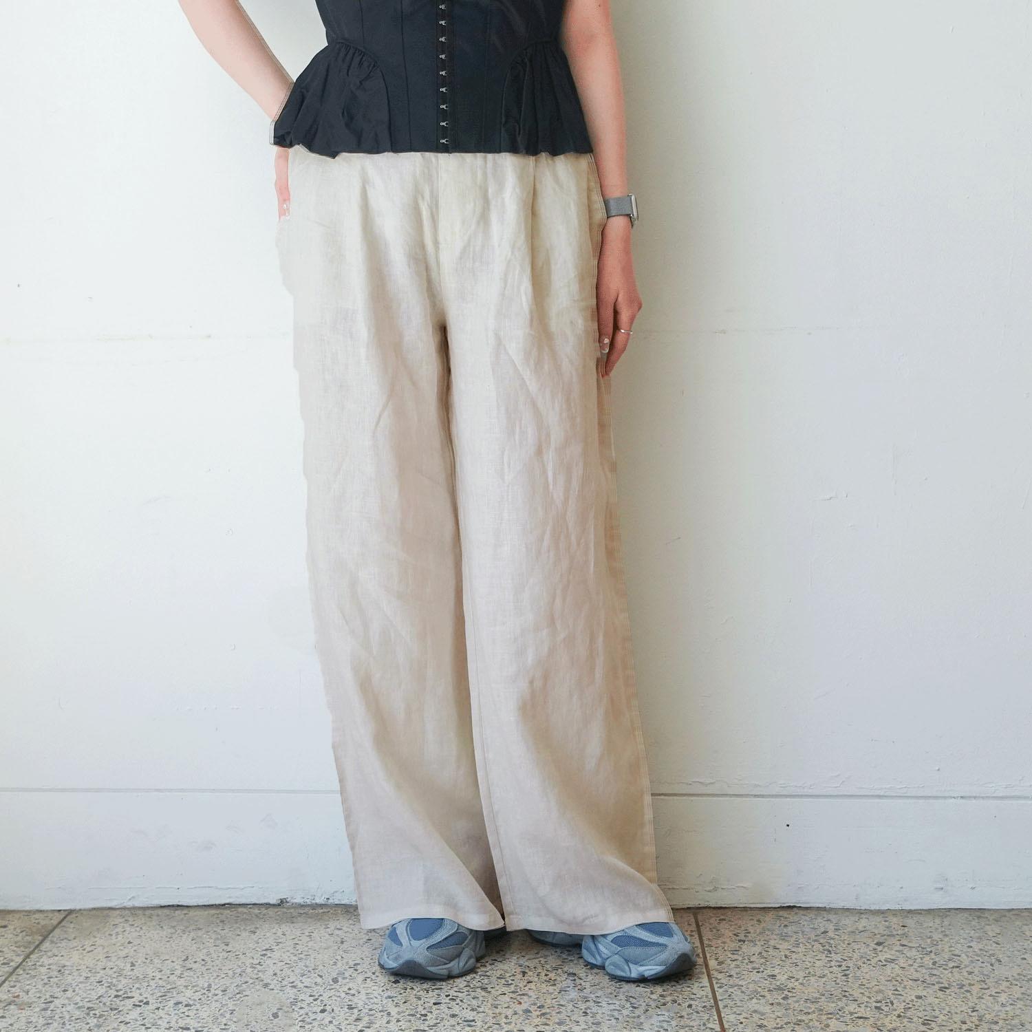 French Linen Wide-Leg Pants 73cm Length Stone L