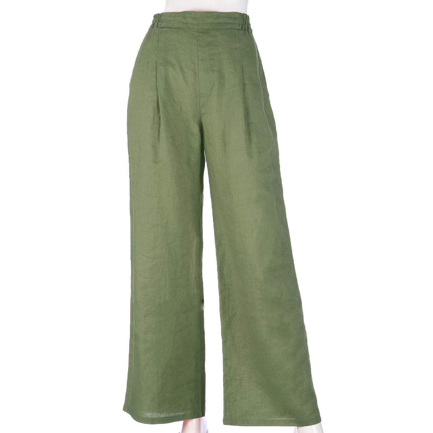 French Linen Wide-Leg Pants 73cm Inseam Khaki LL (2L)