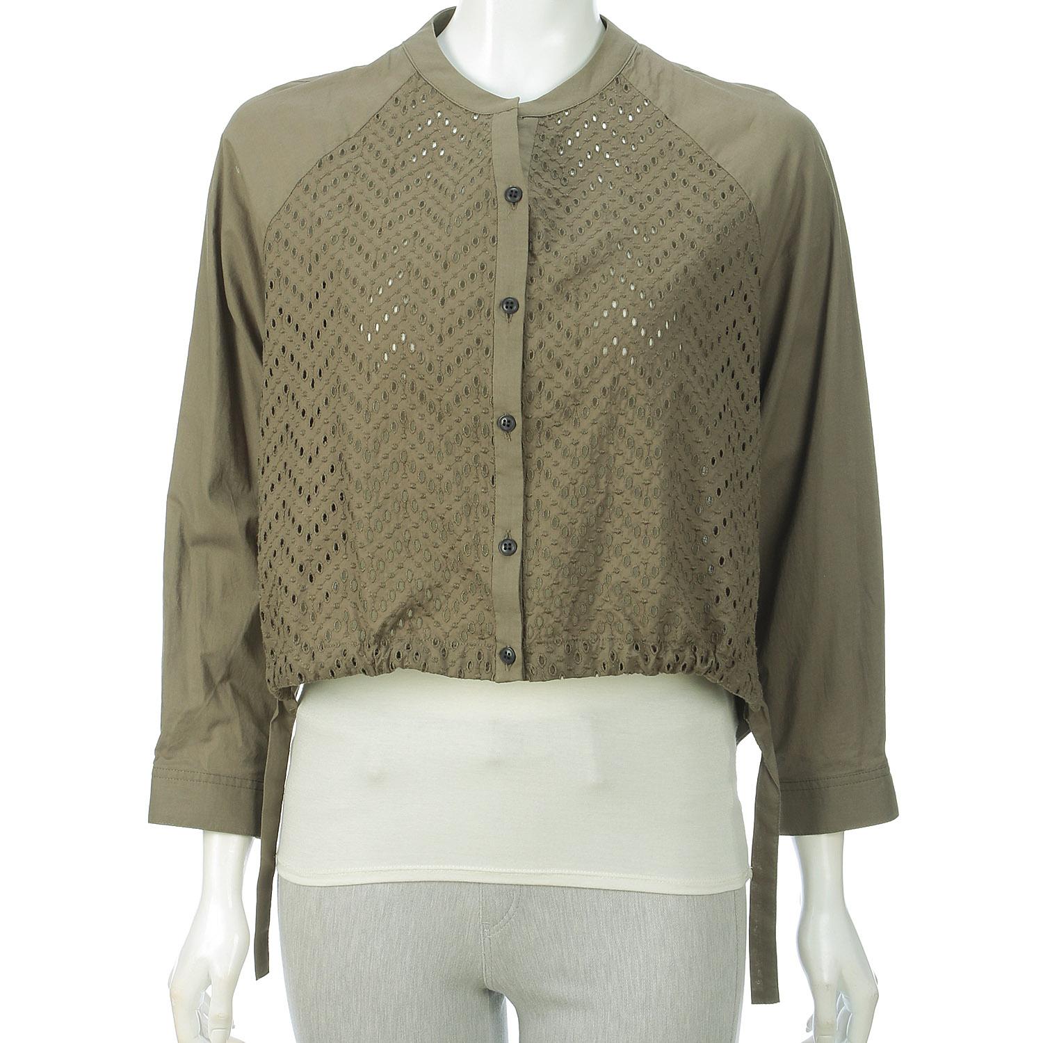 Zigzag Embroidered Blouse, Khaki, L