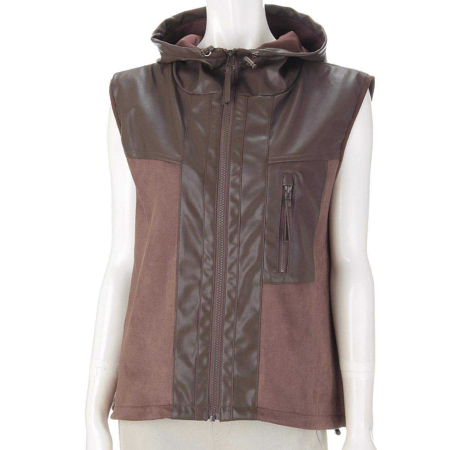Faux Leather and Suede Panel Hooded Vest