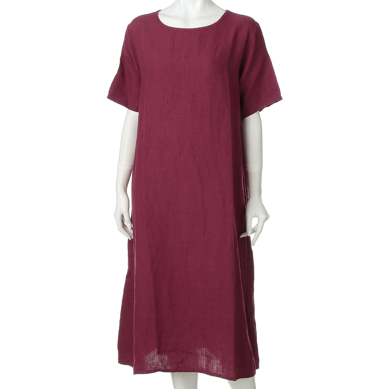 Only a few left! SO Linen Simple Dress Short Sleeve Raspberry F (Free)